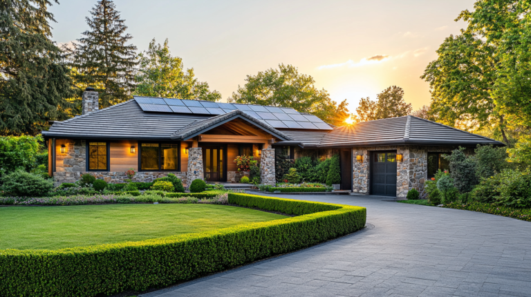 Dom ekologiczny z panelami solarnymi na dachu wśród natury.