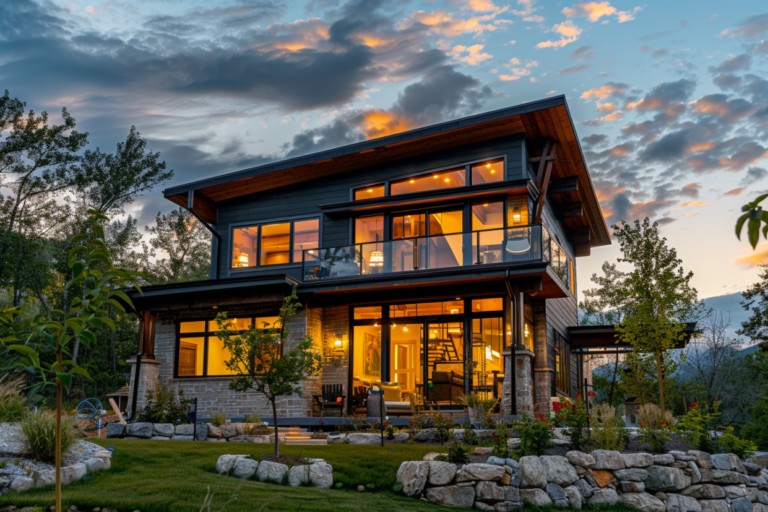 Nowoczesny, energooszczędny dom z dużymi przeszkleniami i mieszaną fasadą drewniano-kamienną, oświetlony od wewnątrz na tle zachodzącego słońca i górskiego krajobrazu.