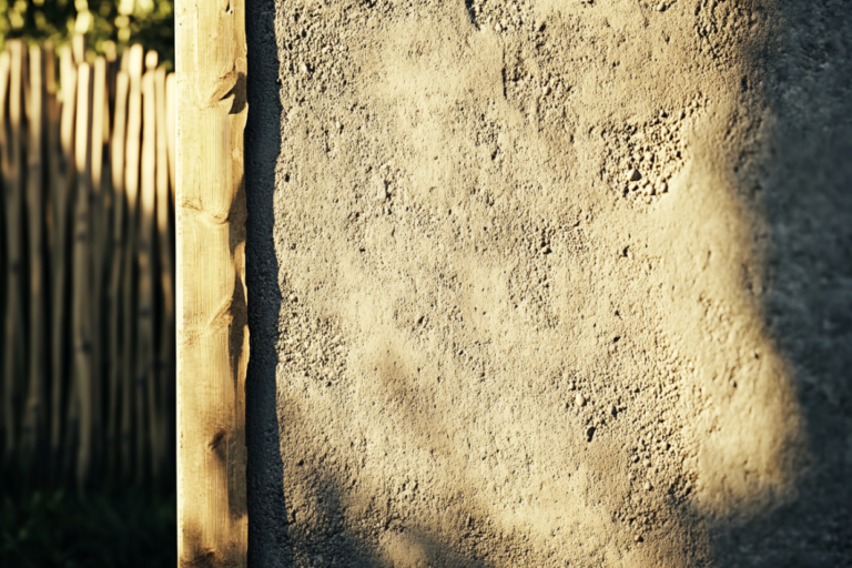 Zbliżenie na fragment naturalnej, porowatej ściany z tynku glinianego kolorze beżowym, z widocznym drewnianym elementem konstrukcyjnym po lewej stronie, oświetlone ciepłym światłem słonecznym.