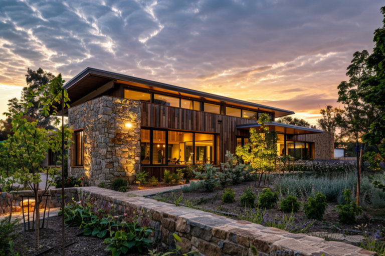 Nowoczesna rezydencja z kamienno-drewnianą elewacją i dużymi przeszkleniami, otoczona młodym ogrodem, sfotografowana podczas spektakularnego zachodu słońca z dramatycznym, wielobarwnym niebem w tle.