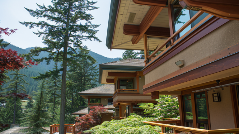 Elegancka, wielopoziomowa rezydencja w stylu górskim z beżową elewacją i drewnianymi akcentami, otoczona czerwonymi klonami japońskimi i wysokimi sosnami, na tle malowniczego krajobrazu zalesionych gór.