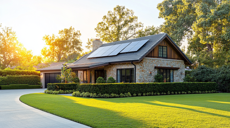 Dom energooszczędny z panelami solarnymi w otoczeniu natury
