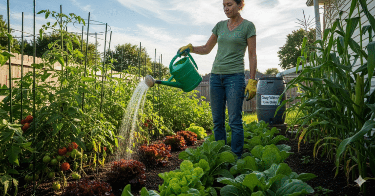 Obraz pokazujący osobę podlewającą ogród z szarą wodą w konewce