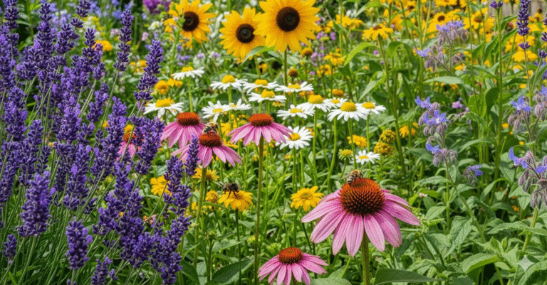 Grafika pokazująca ogród przyjazny pszczołom