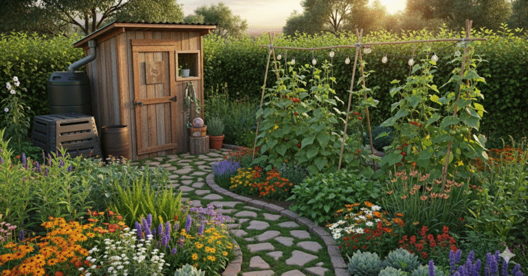 Grafika pokazująca przydomowy ogród ekologiczny