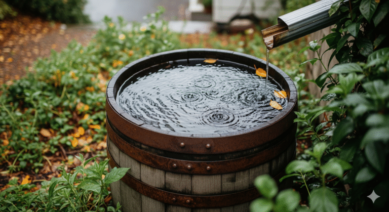 obraz pokazujący wodę deszczową w beczce
