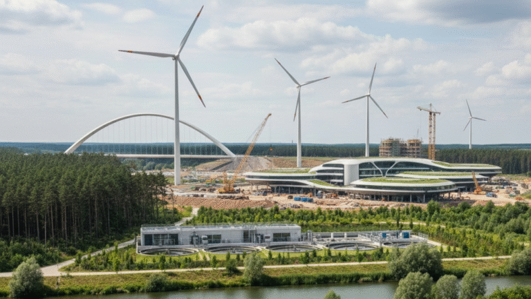 Obraz przedstawia realistyczny krajobraz, w którym zaawansowane projekty infrastrukturalne harmonijnie współistnieją ze środowiskiem naturalnym, ilustrując koncepcję zrównoważonego rozwoju i zasady DNSH