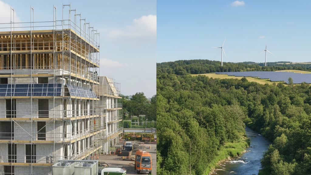 Obraz przedstawia podzieloną na dwie części scenę, symbolizującą zrównoważony rozwój i ekologiczne budownictwo