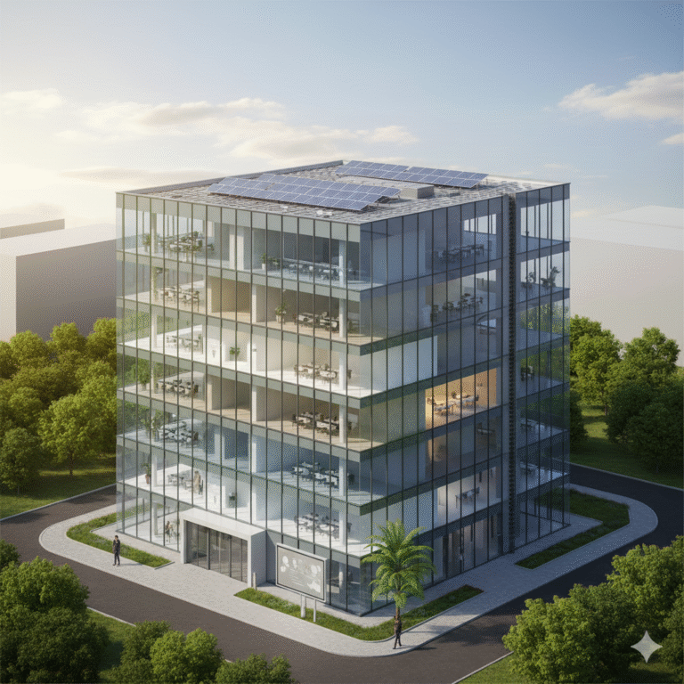 Obraz pokazujący nowoczesnego, sześciopiętrowego biurowca ze szklaną fasadą, otoczonego zielenią
