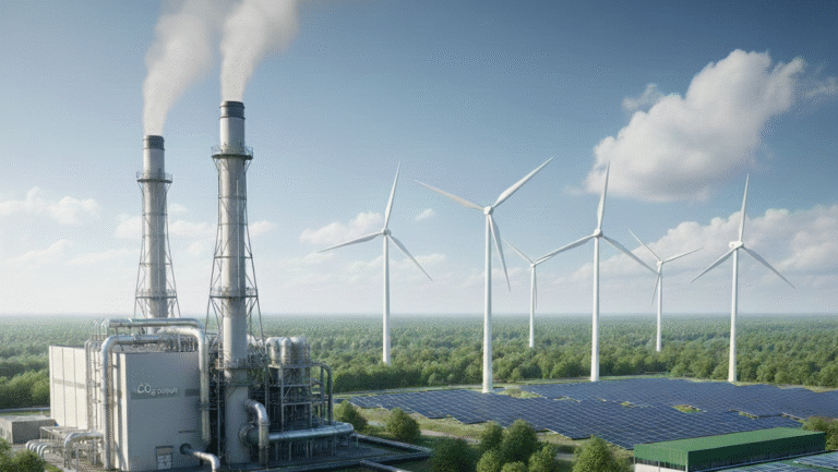 obraz przedstawia scenę ilustrującą koncepcję redukcji emisji dwutlenku węgla (CO₂), skupiającą się na ograniczeniu emisji u źródła