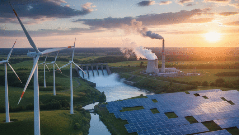 obraz przedstawiający krajobraz, który łączy różne formy wytwarzania energii, ze szczególnym uwzględnieniem odnawialnych źródeł