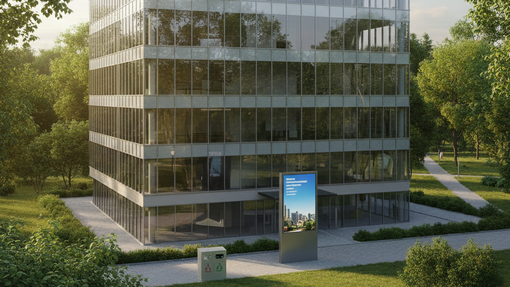 obraz przedstawia realistyczny, trójwymiarowy model nowoczesnego, sześciokondygnacyjnego biurowca o szklanej fasadzie, osadzonego w otoczeniu zieleni