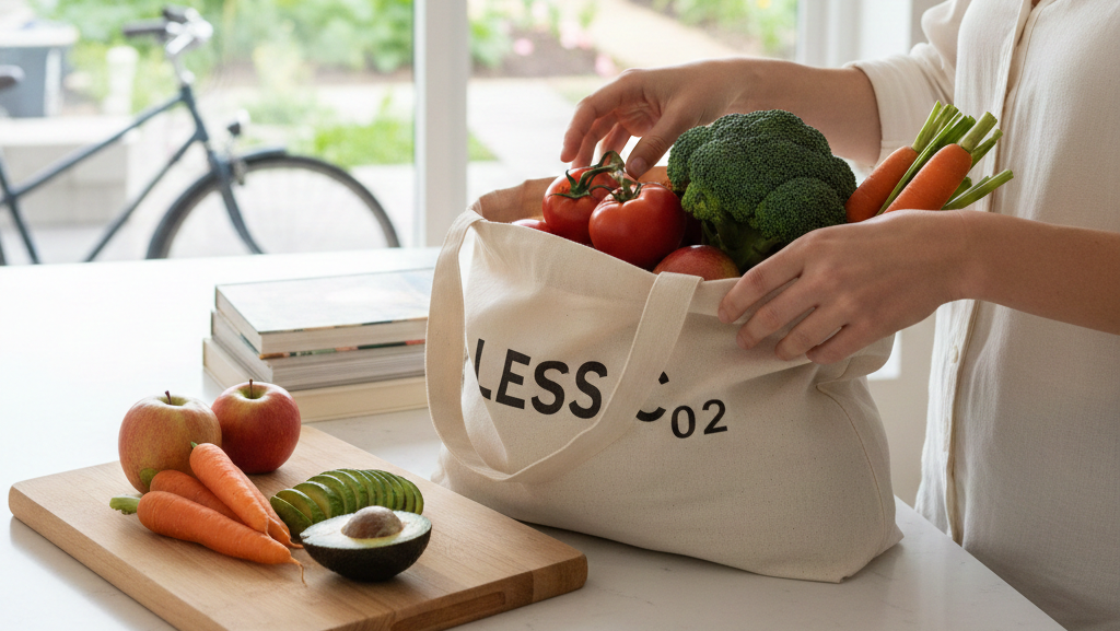 Obraz przedstawia ujęcie wnętrza jasnej kuchni, w której kobieta rozpakowuje zakupy spożywcze