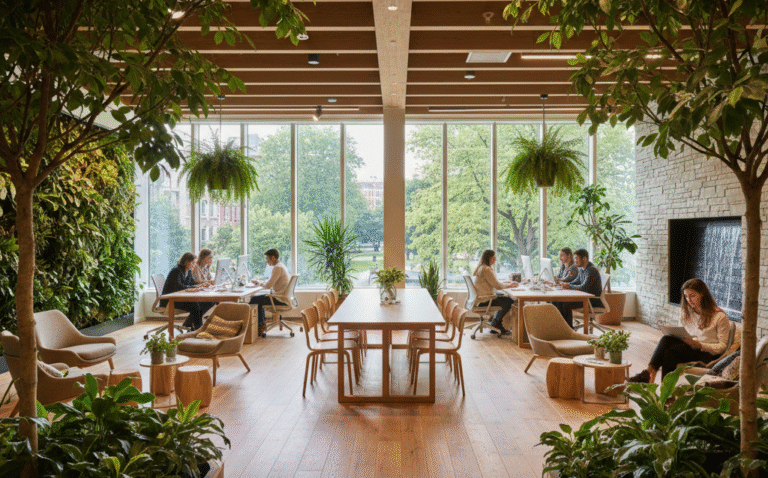 Obraz przedstawia nowoczesną przestrzeń biurową lub wspólną, zaprojektowaną zgodnie z zasadami biophilic design