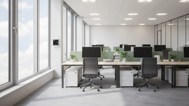 Obraz pokazujący nowoczesną, dużą przestrzeń biurową typu open space, która jest doskonale oświetlona światłem dziennym wpadającym przez duże okna