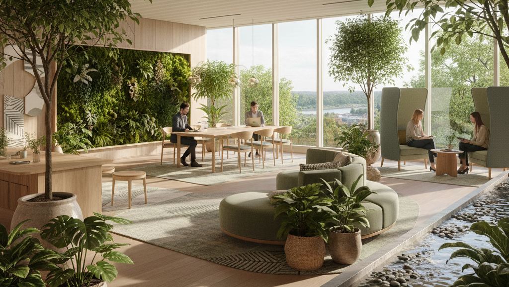 Obraz przedstawia nowoczesne wnętrze biurowe lub przestrzeń wspólną, zaprojektowaną zgodnie z zasadami biophilic design